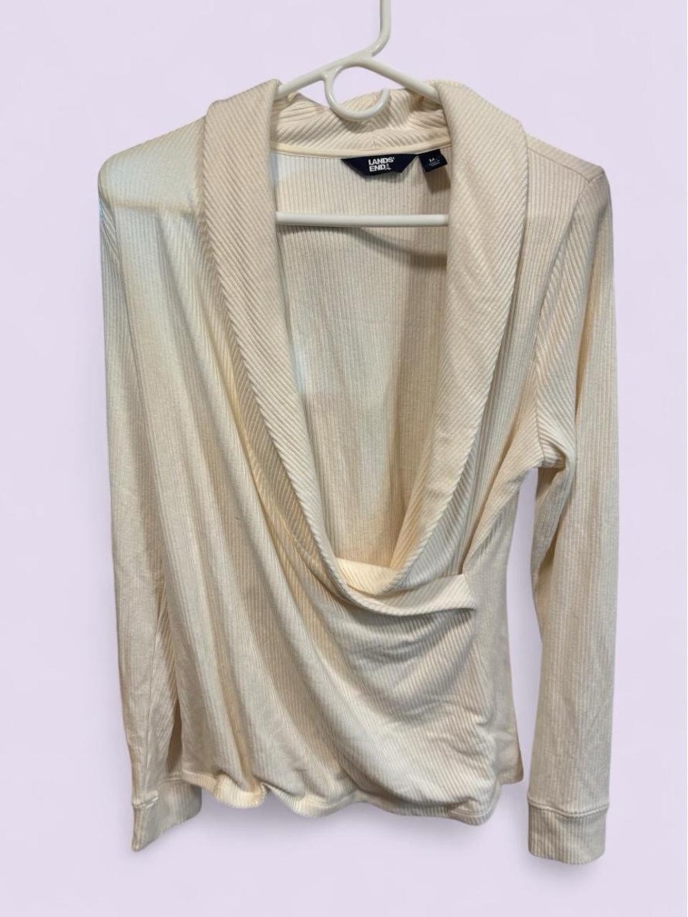 Lands' End Ivory Ribbed Draped Cowl-Neck Sweater
